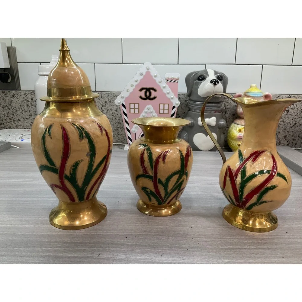 VINTAGE INDIAN BRASS HAND PAINTED ENAMEL JAR PITCHER AND VASE‎